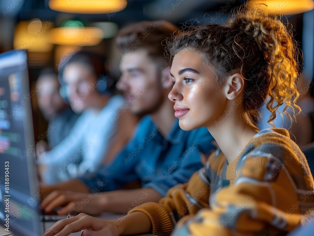 Poster diverse group of young adults collaborating on coding project at tech training program