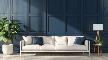 Living room interior wall frame mockup in bright tones with have sofa and lamp with navy blue panel wall background .