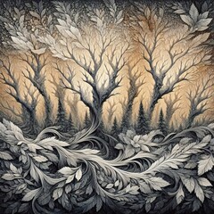 Abstract Forest: A Mystical Blend of Nature and Fantasy in Monochrome Digital Art Painting