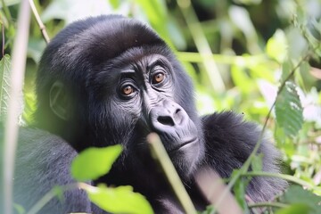 A gorilla in a jungle hillside habitat. Blurred background. Horizontal. Space for copy. Close up.