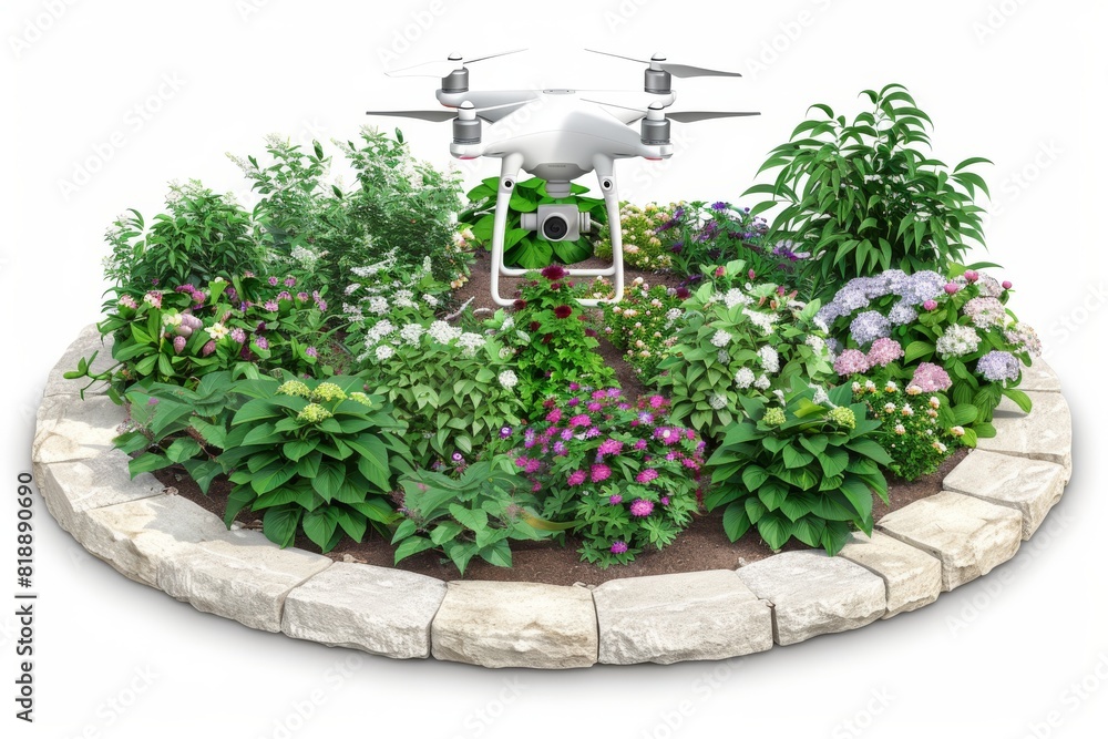 Poster isometric view with drone technology for plant health and advanced crop management in agricultural f