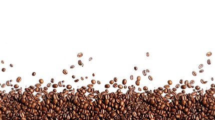 Naklejka premium Coffee beans scattered on a white background, creating a dynamic and flavorful visual element.