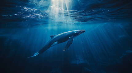Naklejka premium Whale gracefully swimming through the deep blue ocean, illuminated by rays of sunlight filtering through the water.