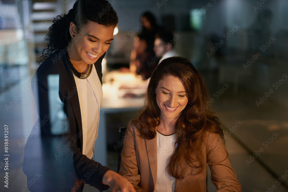 Aufkleber collaboration, pointing and women in night, teamwork and overtime for project of web designer and sm