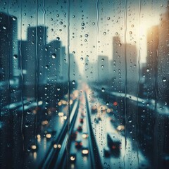 A cityscape scene viewed through a rain-drenched window, with golden lights softly blurred in the watery sheen.. AI Generation