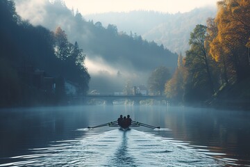 A serene rowing competition on a calm lake, rowers gliding in unison as they chase victory