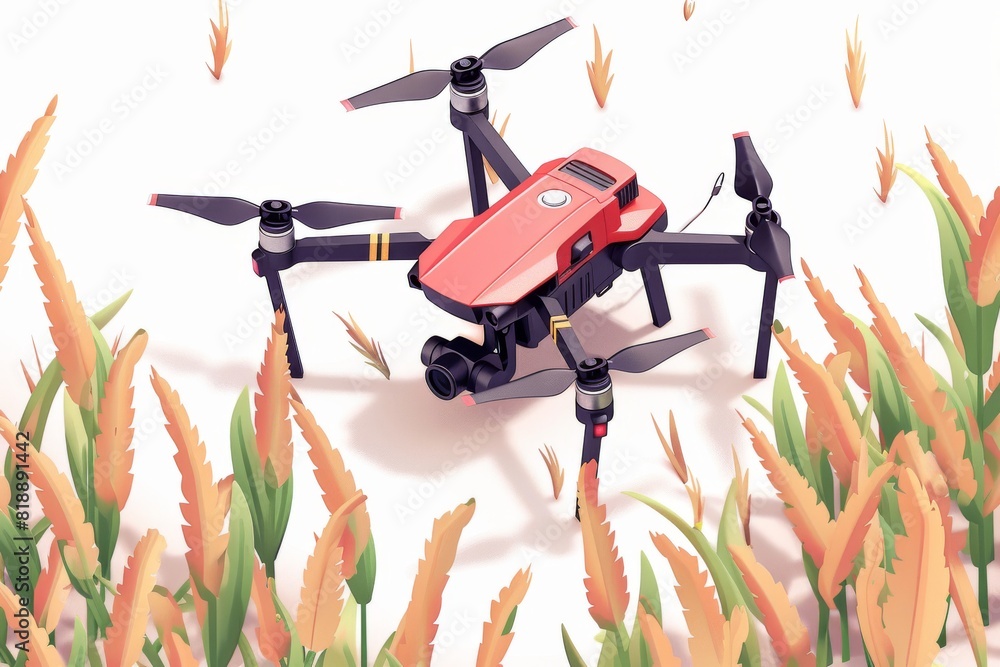 Poster isometric view with drone technology for plant health and advanced crop management in agricultural f
