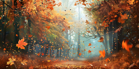 Background of an autumn forest with falling leaves, capturing the essence of the season, suitable for seasonal decor or fashion items