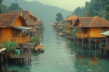 Naklejka premium A traditional fishing village in Southeast Asia, with stilted houses perched above the water and boats docked below