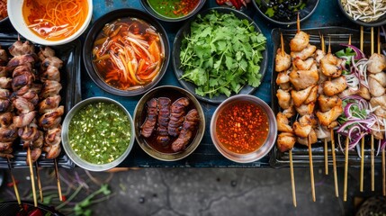 Thai street food scene with skewers of grilled meat, fresh herbs, and dipping sauces
