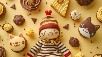 Obraz premium Cute Little Boy Doll Lie Around Cat’s Face Shaped Cakes in Yellow Flatlay Background