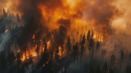 Thick smoke billowing from burning trees during a devastating forest fire