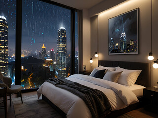 A peaceful bedroom, surrounded by the sound of rain and the twinkling lights of the city.