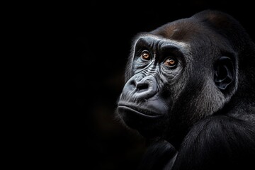 Obraz premium A close-up portrait of a gorilla, isolated against a black background. Horizontal. Space for copy.