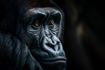 A close-up portrait of a gorilla, isolated against a black background. Horizontal. Space for copy.