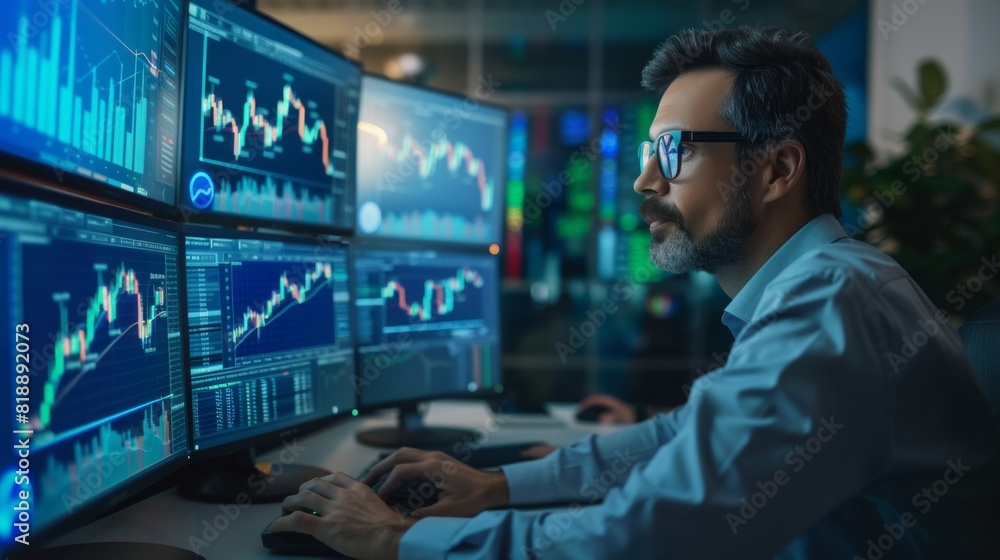 Leinwandbilder Trader monitoring gold price graphs on multiple screens in a busy trading floor