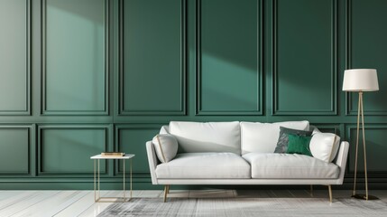Living room interior wall mockup in bright tones with have sofa and lamp with tosca green panel wall background. 