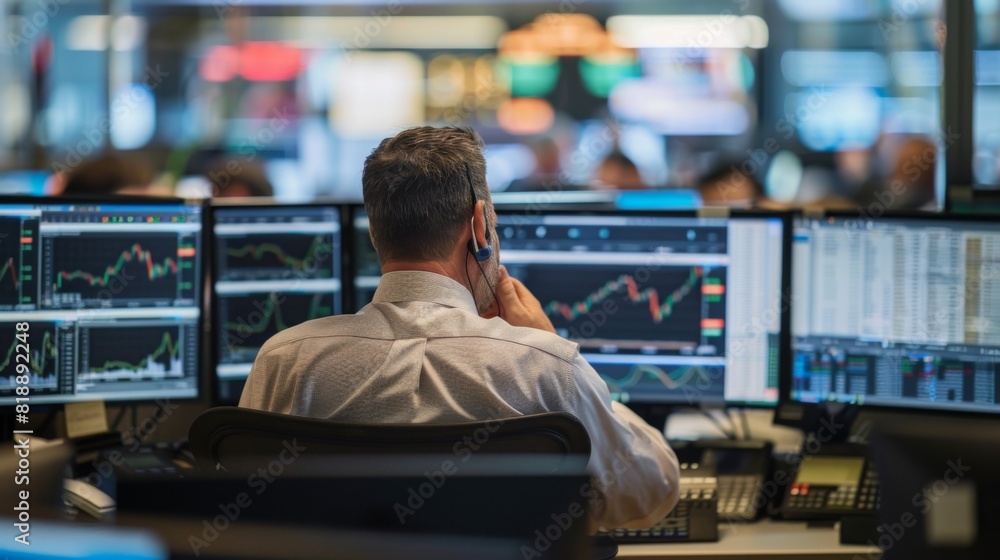 Leinwandbilder Trader monitoring gold price graphs on multiple screens in a busy trading floor