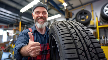 Smiling mechanic showing thumb up with car tire in auto repair shop