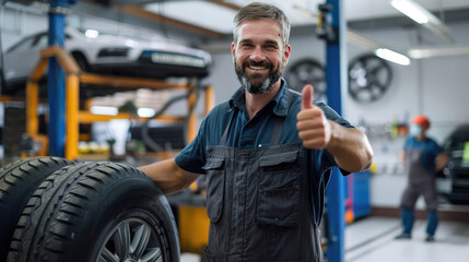 Smiling mechanic showing thumb up with car wheel in auto repair shop