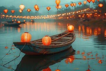 A tranquil rowboat adorned with colorful paper lanterns, floating on a calm pond during a...