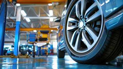 Close-up of a modern car wheel with an alloy wheel in a car service center