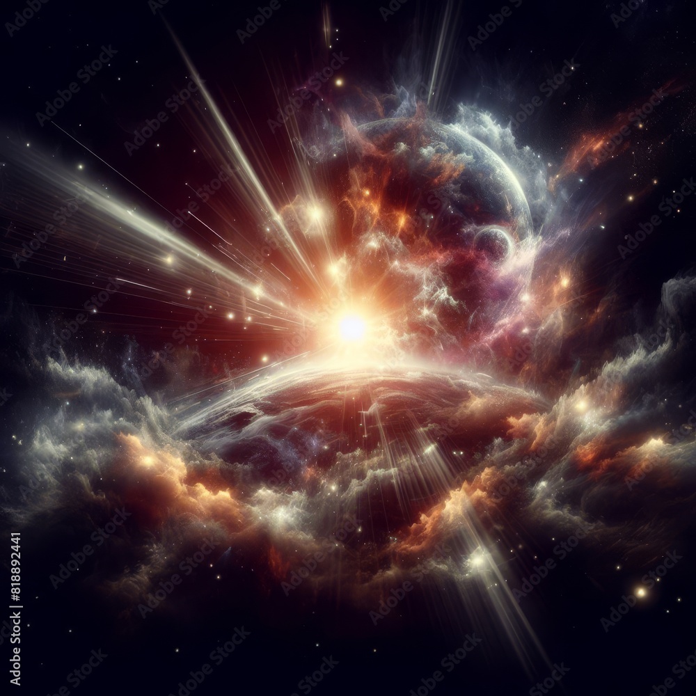 Poster a digital depiction of a supernova explosion with swirling cosmic dust and radiant light beams in ou