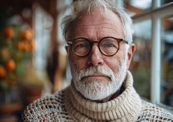 Elderly Man with Glasses in Cozy Sweater Sitting by a Sunny Window