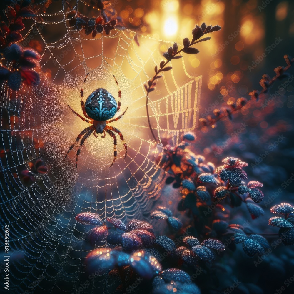 Poster an enchanting close-up of a spider centered on its dew-kissed web against a forest backdrop, highlig