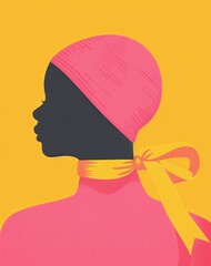 Illustration of a Black Cancer Survivor Woman with Headscarf and Ribbon on Yellow Background