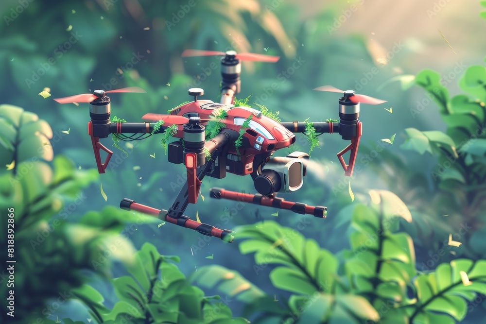 Poster isometric view with drone technology for plant health and advanced crop management in agricultural f