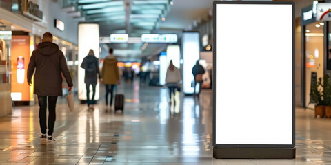  A blank white billboard in airport lobby,
