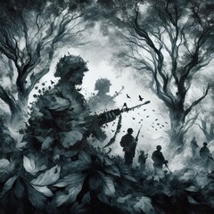 Mystical Battle in Monochrome: Silhouetted Soldiers Amidst Ethereal Creatures in a Fantasy Forest