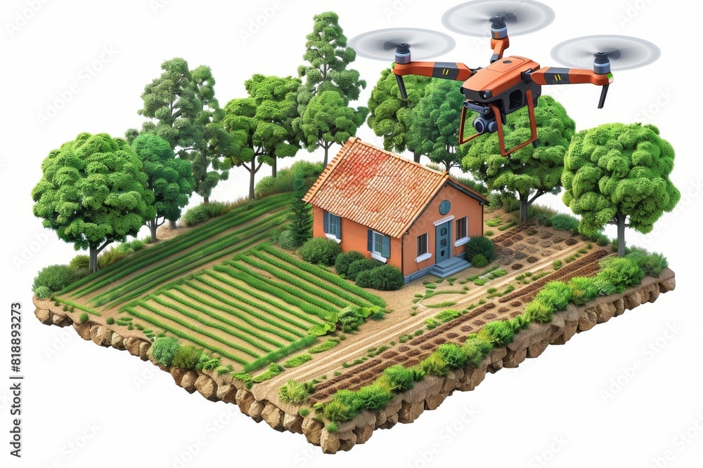 Poster view of agricultural fields with drone technology for advanced crop management and efficient design 