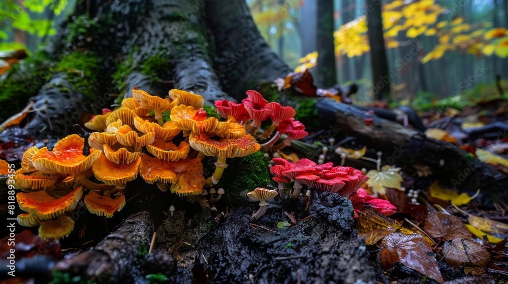 Poster vibrant fungi thriving on the roots of a tree, adding color to the forest floor