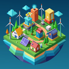 Renewable energy microgrids in communities. Localized power generation and distribution. Community empowerment. Low poly vector illustration with 3D effect on sustainable living background.1