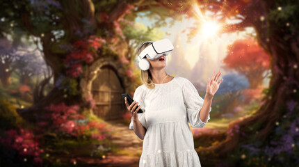 Girl with VR goggles and standing while holding light flare and standing at magical forest. Woman...