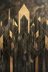abstract art deco cityscape painting, geometric and symmetric pattern, gold and black, illustration // ai-generated 