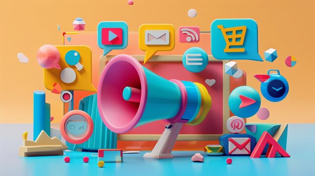 Digital marketing 3d render illustration. Social Media Marketing, Promotion and Internet advertising concept. 3d vector illustration --ar 16:9 Job ID: 55049595-d717-4f9b-8e41-8d26ff755c30