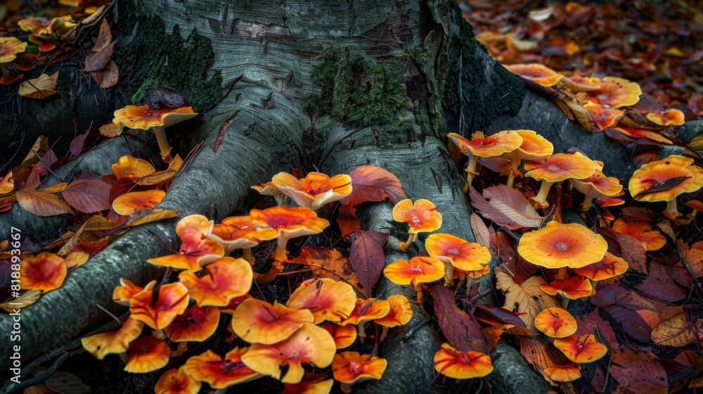 Poster Vibrant fungi thriving on the roots of a tree, adding color to the forest floor