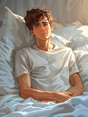 Young man lying in bed expression of sadness, illustration style, digital art. 
