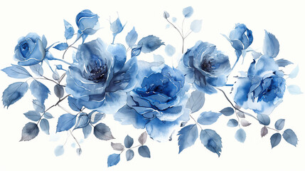 Blue roses on white background watercolour painting, wallpaper art

