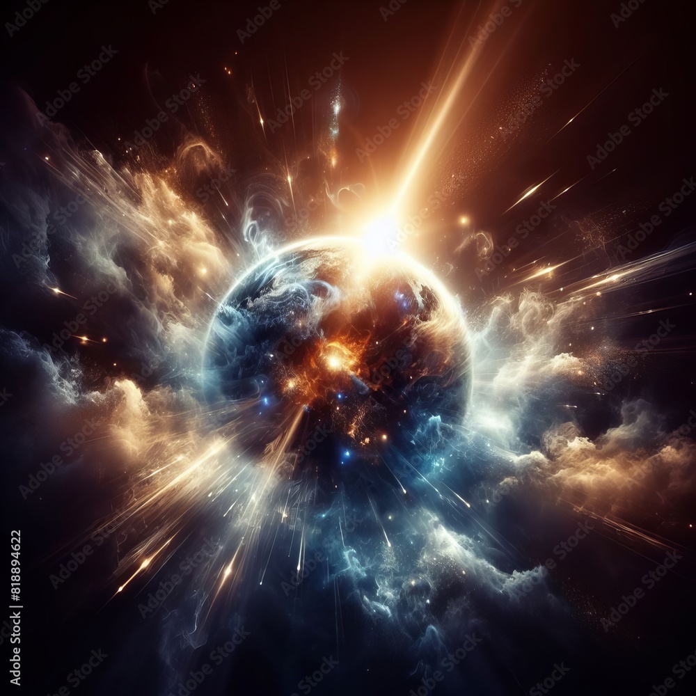Poster a cosmic explosion depicting the dramatic formation of a planet, embodying the powerful forces of cr