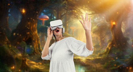 Happy woman surprised or excited while looking though VR glasses and standing at fantasy forest....