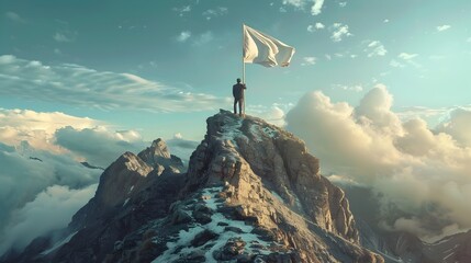 Fototapeta premium Businessman Standing on Mountain Peak with Waving Flag Symbol of Business Success and Personal Achievement