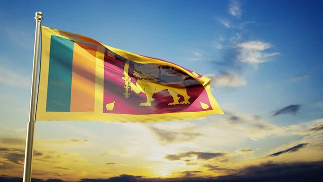 Flag of Sri Lanka waving in the wind against the sunset