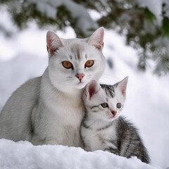 A mother cat and her kittens are sharing body heat in a beautiful winter covered in white snow.