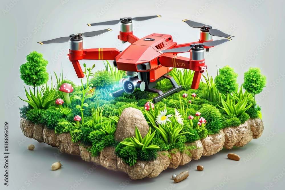 Poster isometric view with drone technology for plant health and advanced crop management in agricultural f