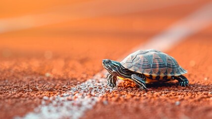 Turtle on a professional athletics track is running towards the finish line with a lot of power. Creative motivation poster. 