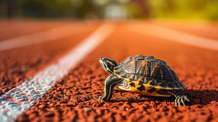 Turtle on a professional athletics track is running towards the finish line with a lot of power. Creative motivation poster. 